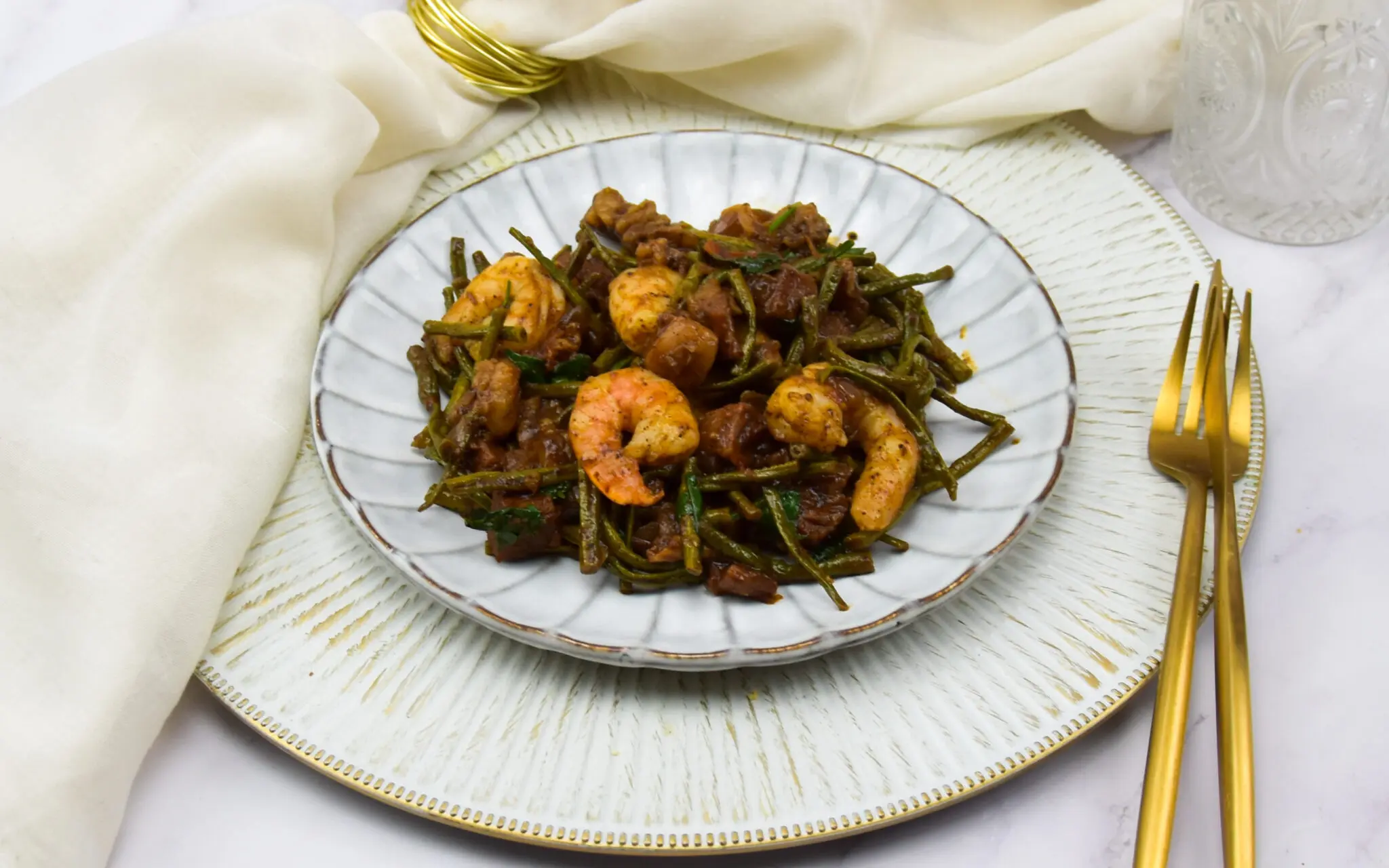 Zoutvlees met gamba's en kouseband