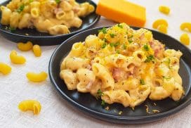 Mac'n cheese met bacon, cheddar, mozzarella en oude kaas