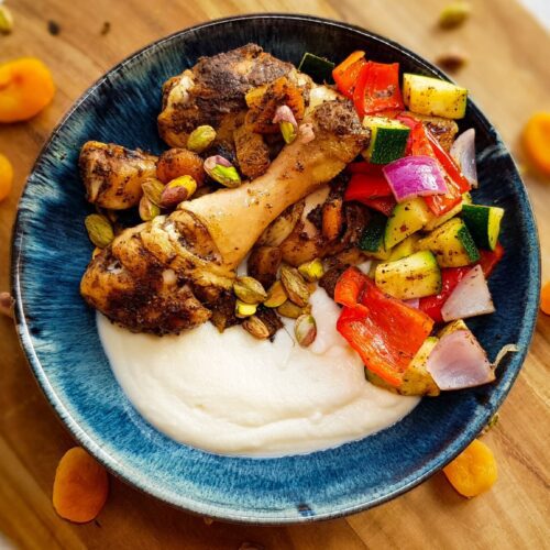 Marokkaanse kip met bloemkoolpuree en gegrilde groenten