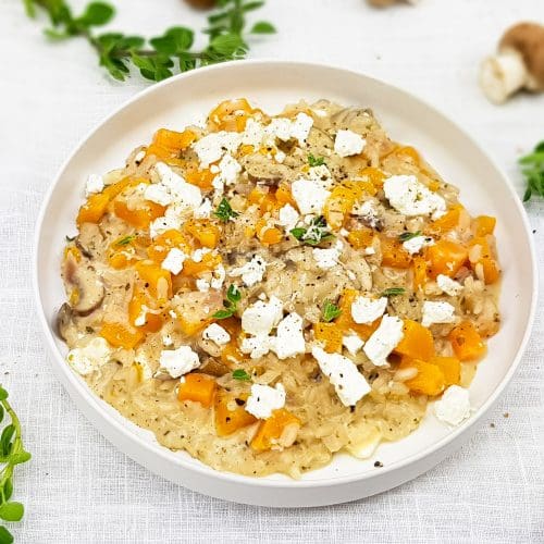 Pompoen risotto met feta en kastanjechampignons