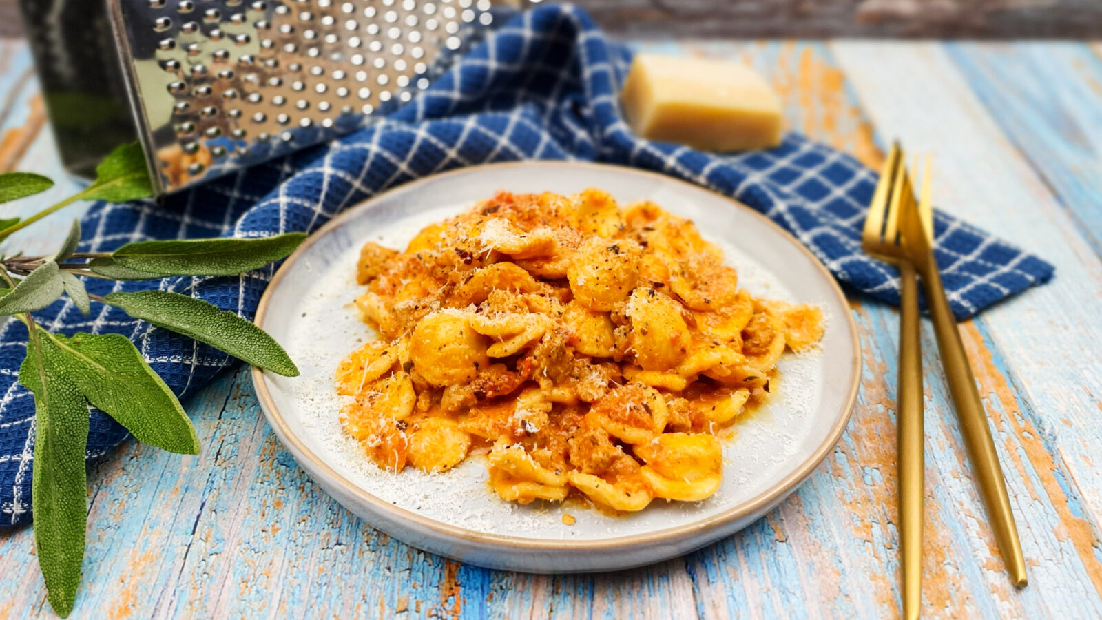 Orecchiette in romige tomatensaus met worstvlees