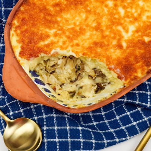 Portugese bacalhau ovenschotel met champignons