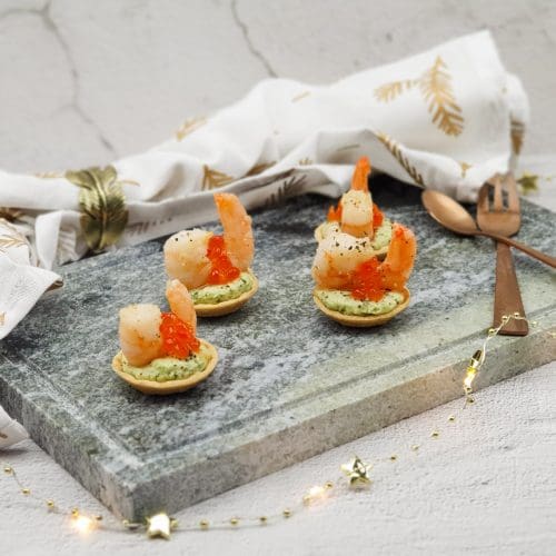 Gamba amuse met pesto crème en zalmeitjes