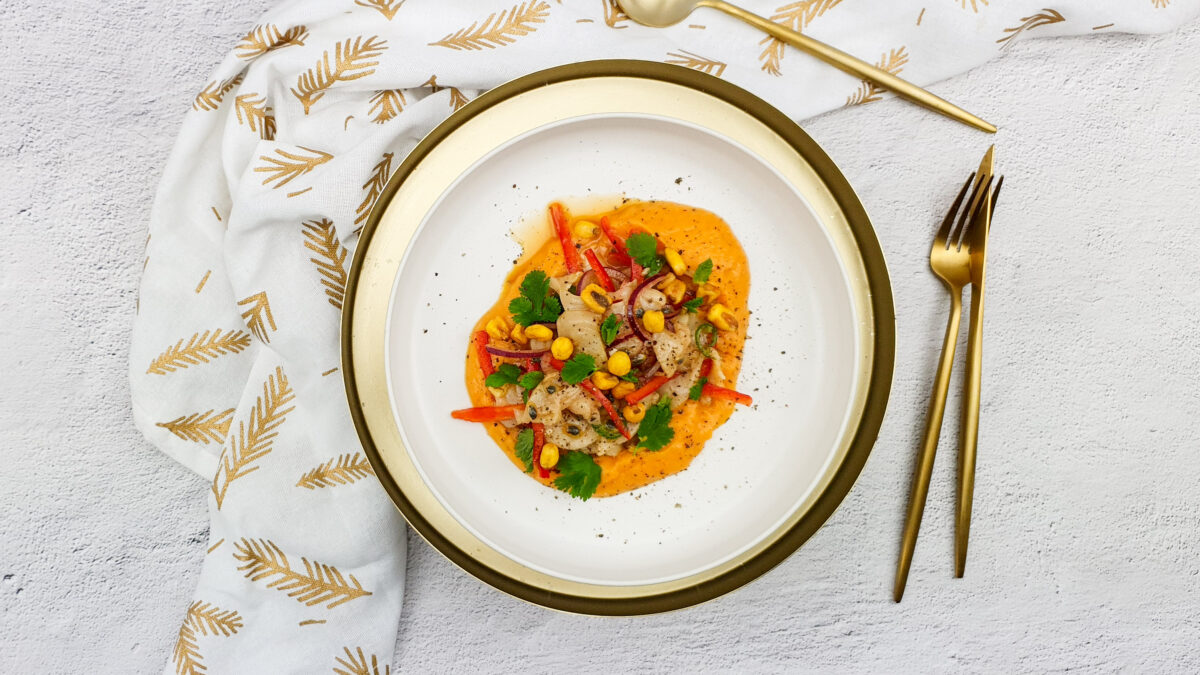 Dutch kingfish ceviche met zoete aardappel en geroosterde mais