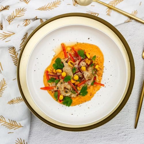 Dutch kingfish ceviche met zoete aardappel en geroosterde mais
