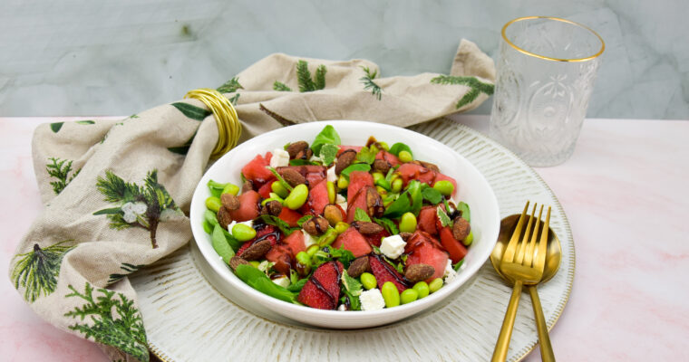 Watermeloen salade met feta en gerookte amandelen