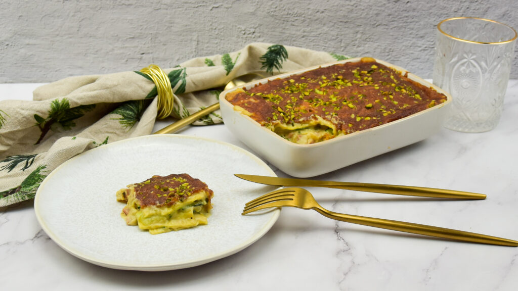 Courgette lasagne met mortadella en pistache