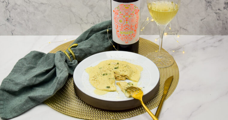 Reuze ravioli met konijn en witte wijnsaus