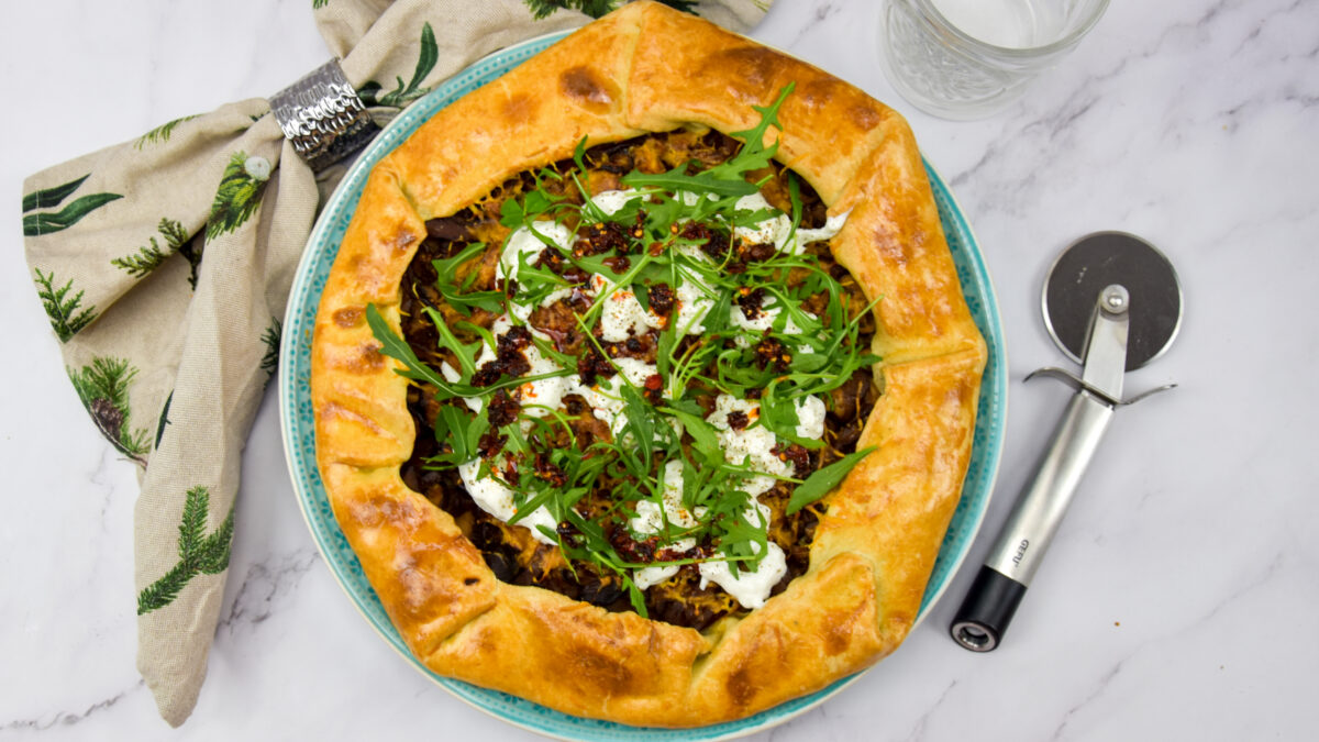 Paddenstoelen galette met cheddar en crispy chili oil