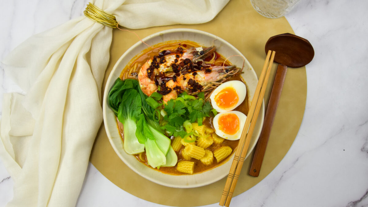 Bisque ramen met gamba's