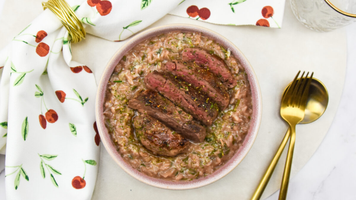 Risotto met rode wijn en hertenbiefstuk