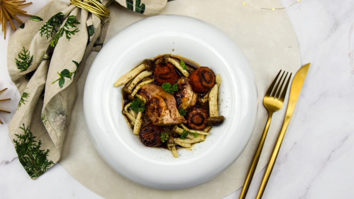 Kwartelborstjes met paddenstoelenpuree en madeira saus