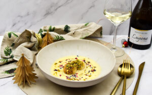 Coquille met witte chocolade, vanille en pistache