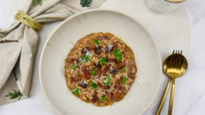 Risotto met venkelworstjes en guanciale