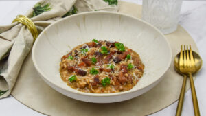 Risotto met venkelworstjes en guanciale