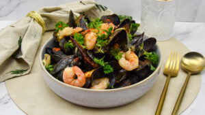 Mosselen al ajillo met gamba's