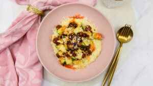 Risotto met chistorra, courgette en artisjokharten