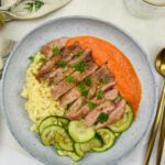 Fregola met romescosaus en iberico secreto Fregola met romescosaus en iberico secreto