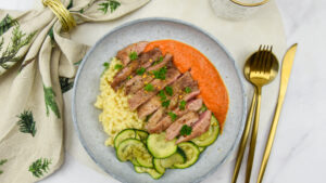Fregola met romescosaus en iberico secreto