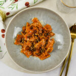 Pasta met romescosaus en Portugees spek