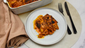 Lasagne met gamba's en varkensgehakt met habanero olie